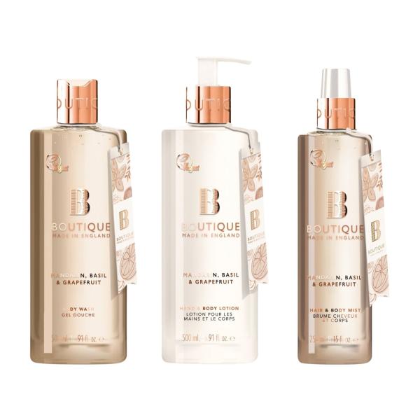 Set Boutique Mandarin, Basil & Grapefruit Bodywash & Shower Gel 500 ml + Hand & Body Lotion 500 ml + Hair & Body Mist 250 ml